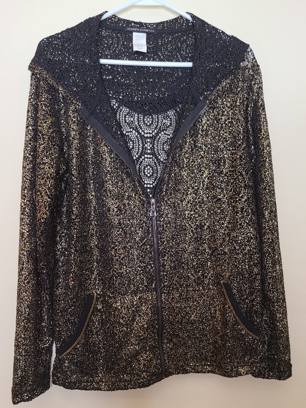 Andrew Christian Black & Gold Metallic Full zip Hooded Lace Jacket - Small